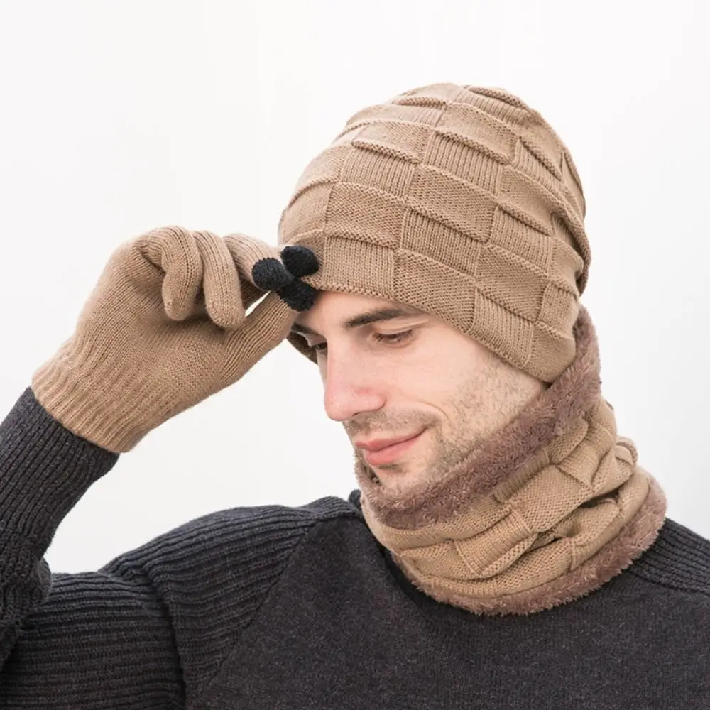 Comfortable Casual Fashion Elastic Winter Man Beanies Knitted Cap Gloves Man Scarf Gloves Neck Suit