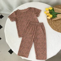Short Sleeve Round Neck Flower Printed T-shirt Top+Pants 2 Piece Set Kids Casual Home Clothes 6