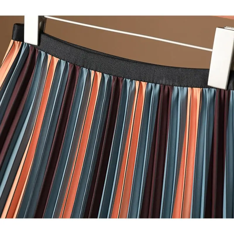 2023 Summer Fashion Trend Contrast Color Piano Vertical Stripe High Waist Covering Belly Pleated Casual A-line Mid Length Dress