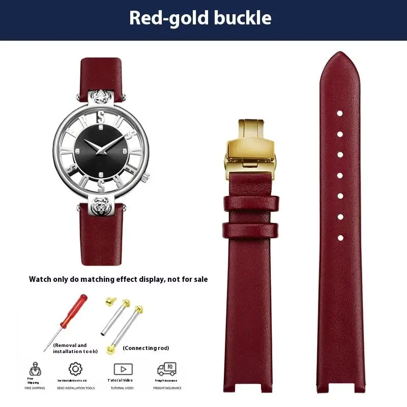 Women's Genuine Leather Cowhide Watchband with Notched 16mm Butterfly Buckle