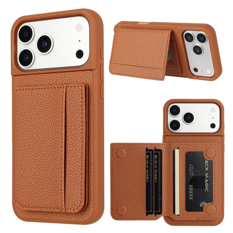 Lychee Pattern Leather Wallet Phone Case with Sliding Card Slots Cover