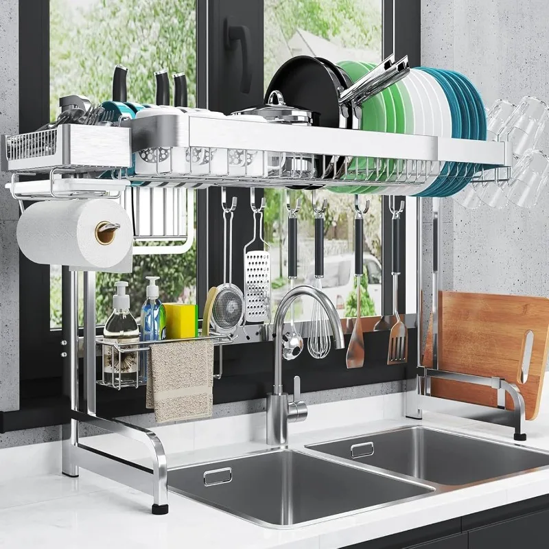 Large Over Sink Dish Rack: Full Stainless Steel Dish Drying Rack Over The Sink Adjustable (25.6-37.6in) Width Kitchen Organizers