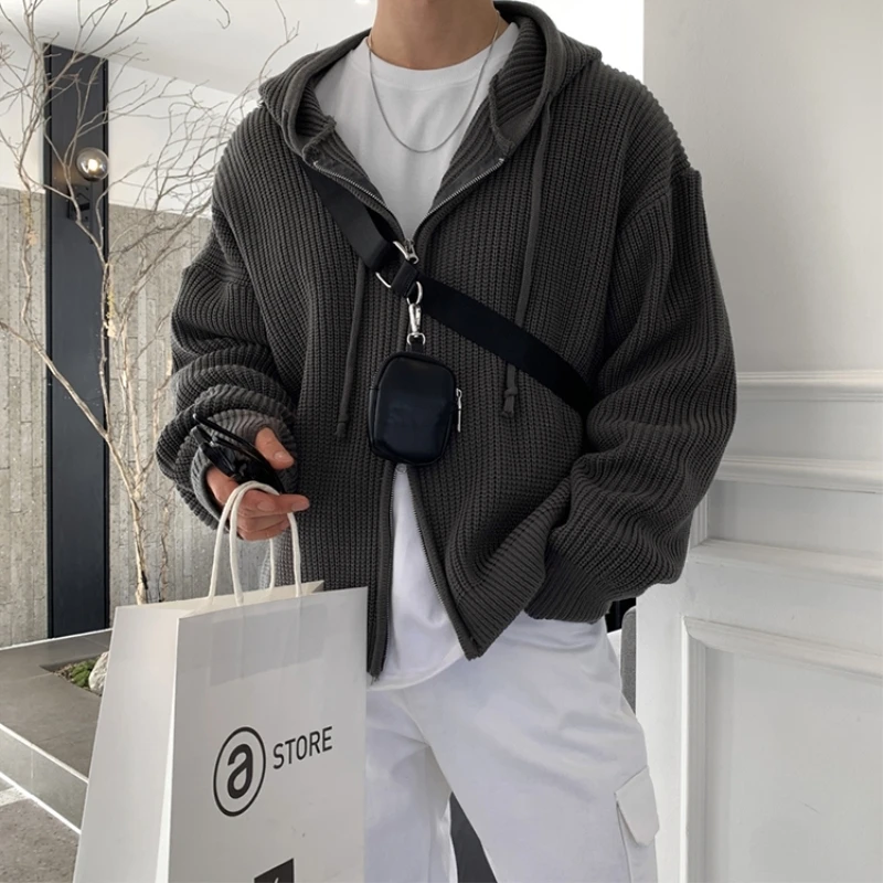 남성용 따뜻한 오버사이즈 니트 후드 스웨터 코트, 한국 루즈 가디건 스웨터, 남..
