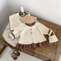 Korean Autumn 2024 Toddler Girl 2PCS Clothes Set Spliced Ruffle Hem Cardigan Solid Knitted Bell Bottom Pant Infant Girls Outfits 1
