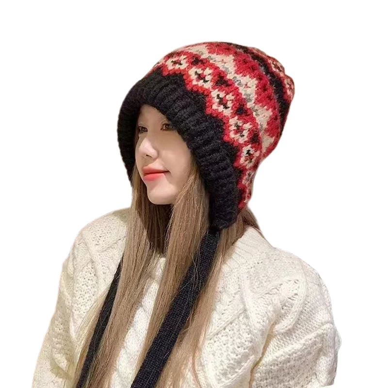 Ethnic Retro Striped Spliced Knitted Hat Autumn Winter Thickened Warm Brimless Ear Protection Woolen Cap Cold Resistant Women