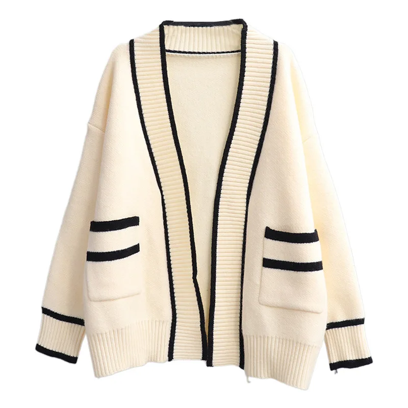 Varsity Cardigan 긴 소매 V 넥 오픈 프론트 스웨터 여성용 니트 자켓 Preppy Style
