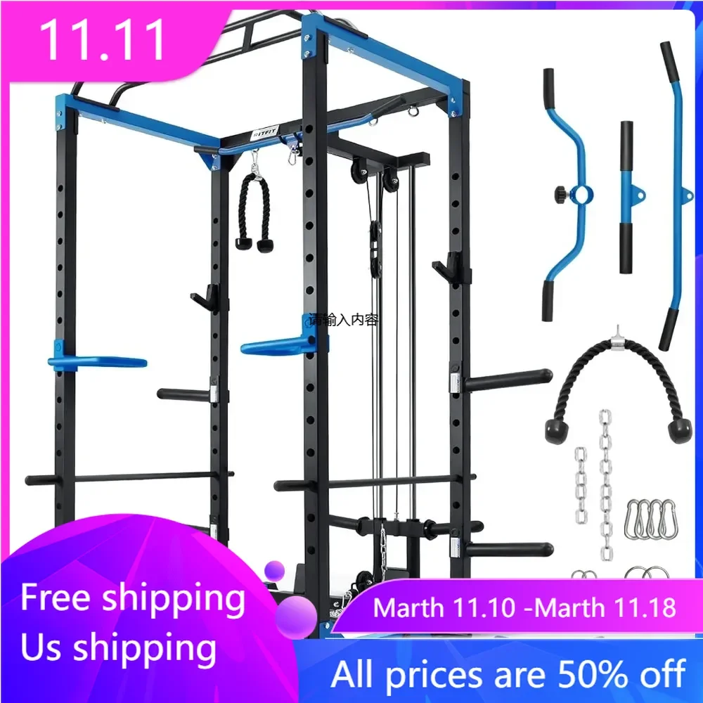 All-in-One Squat Rack for Home Gym, Multi-Function 1000 LBS Capacity Power Cage with LAT Pulldown, Pulley System, Dip Bar