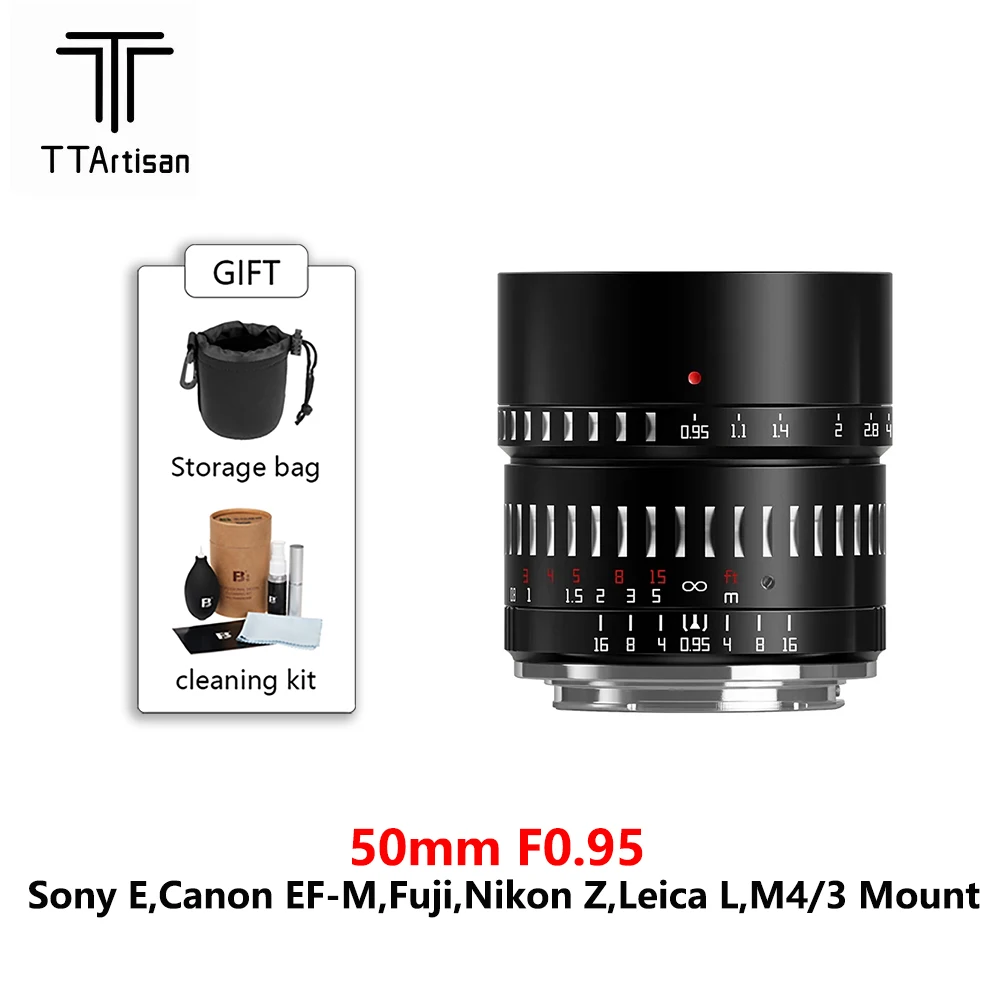 

TTArtisan 50mm F0.95 Large Aperture Prime Lens for Sony E Mount Fujifilm X Canon M Leica L Nikon Z Panasonic Olympus M43 Camera