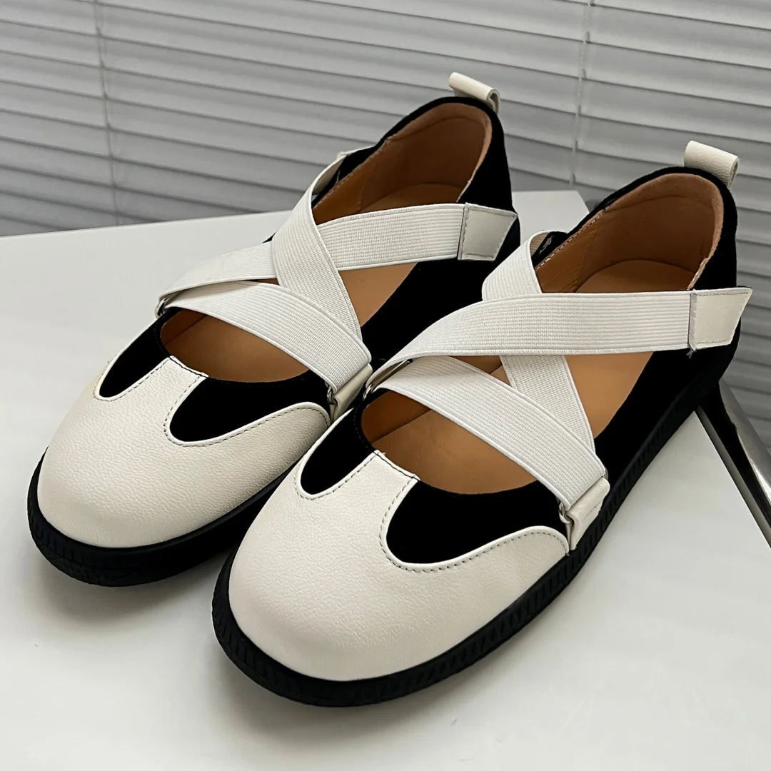 

Women's genuine leather patchwork elastic band cross strap slip-on ballet flats leisure soft comfortable ballerinas shoes woman