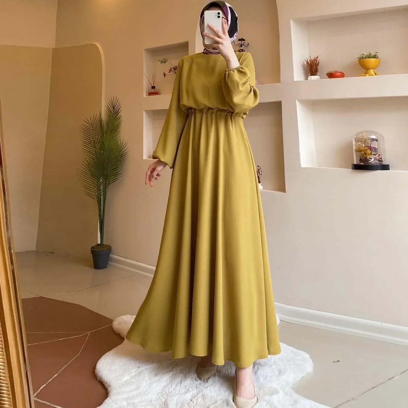 

Women Loose Full Puff Sleeve Round Neck A Line Dress Solid Pleated Elastic High Waist Long Dresses Autumn Ladies Elegant 2023