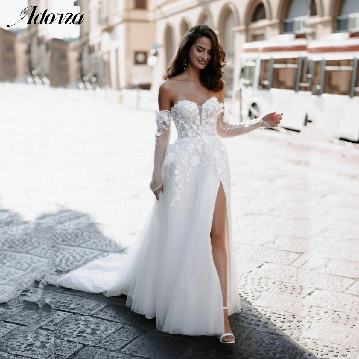 

Sexy High Side Slit A-Line Wedding Dress Lace Applique 3D Flower Detachable Sleeves Button Bridal Gown Newest Vestido De Novia