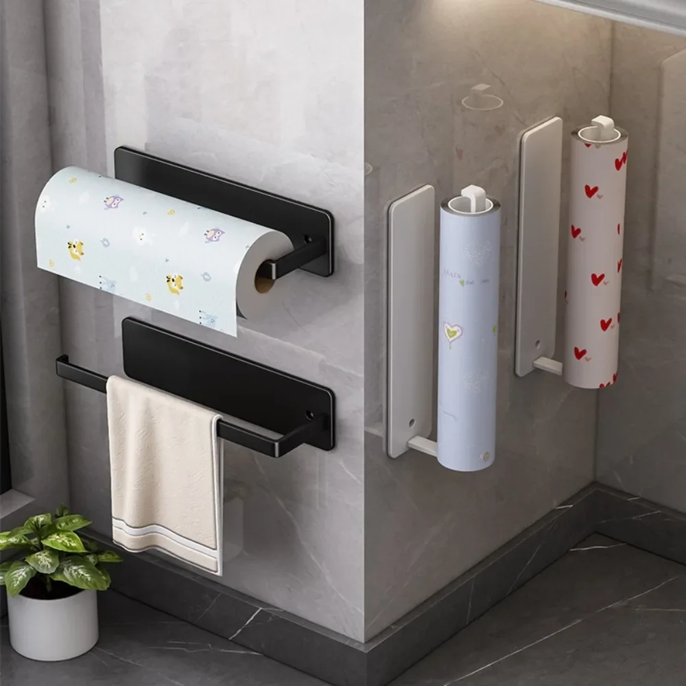 Non-perforated Paper Towel Holder, Kitchen Cabinet Paper Roll Holder, Plastic Wrap Rag Storage, Wall Hanging Racks