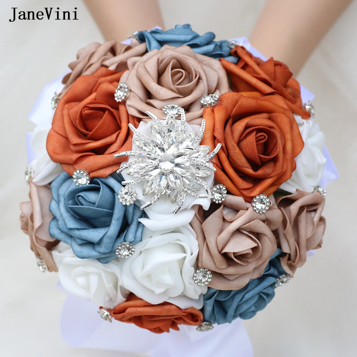 JaneVini Vintage Orange White PE Bridal Bouquets with Silver Rhinestones Artificial Foam Roses Fake Wedding Flowers Bouquet