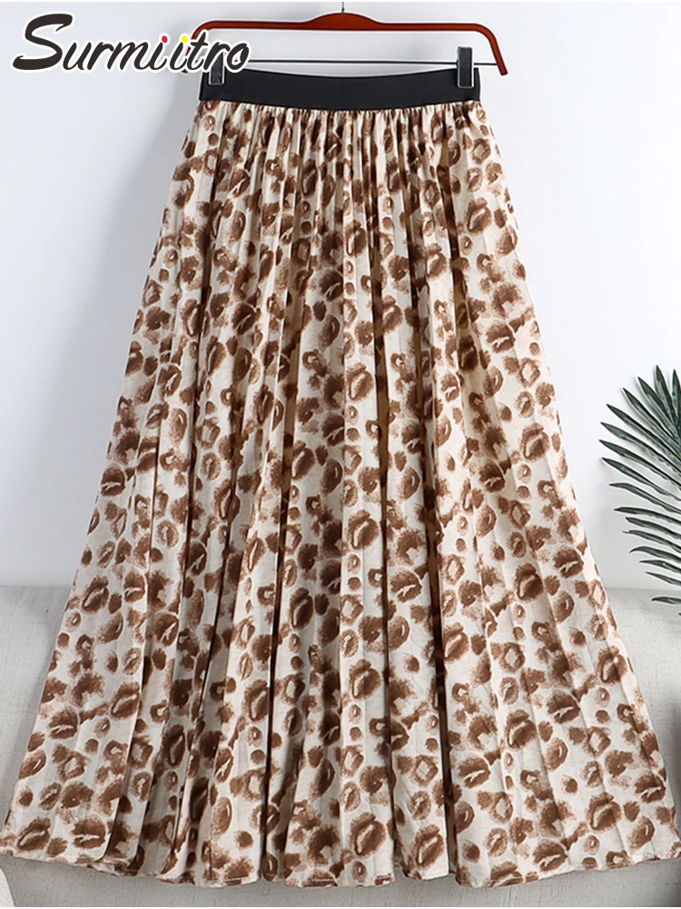 SURMIITRO 2022 Summer Korean Fashion Super Quality Elegant Leopard Print Women Long High Waist A Line Pleated Skirt Female |