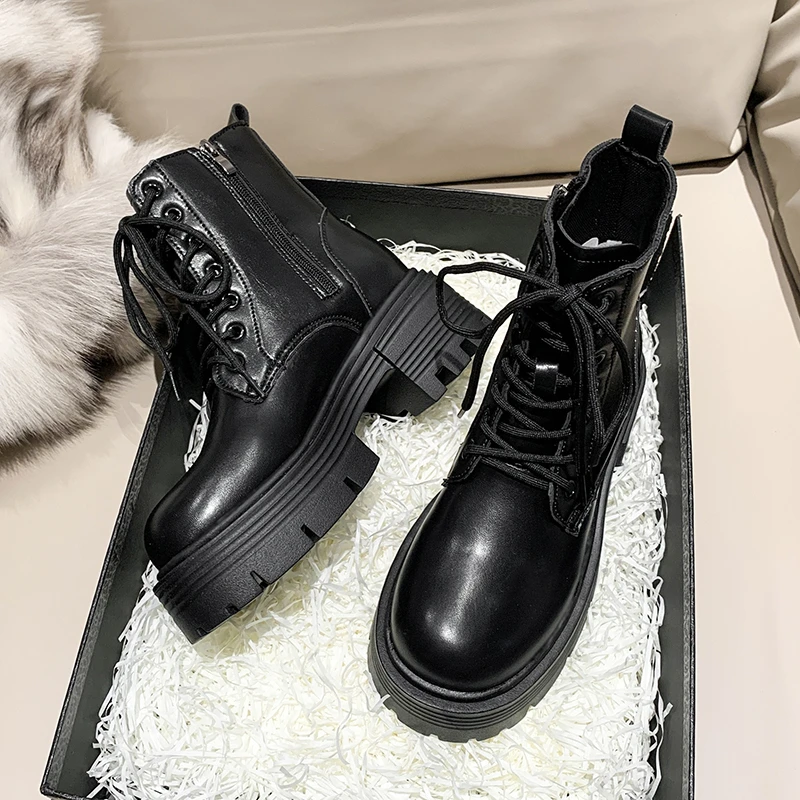 

Retro Boots Women Shoes Woman New Platform Shoes for Women Ankle Boots Lace up Flock Chunky Thick Heels Plus Size Short Boots