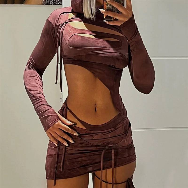 BOOFEENAA Two Piece Set Club Outfits Women Sexy Cut Out Mini Skirt and Crop  Top Festival Clothing Rave Baddie Streetwear C70DE25