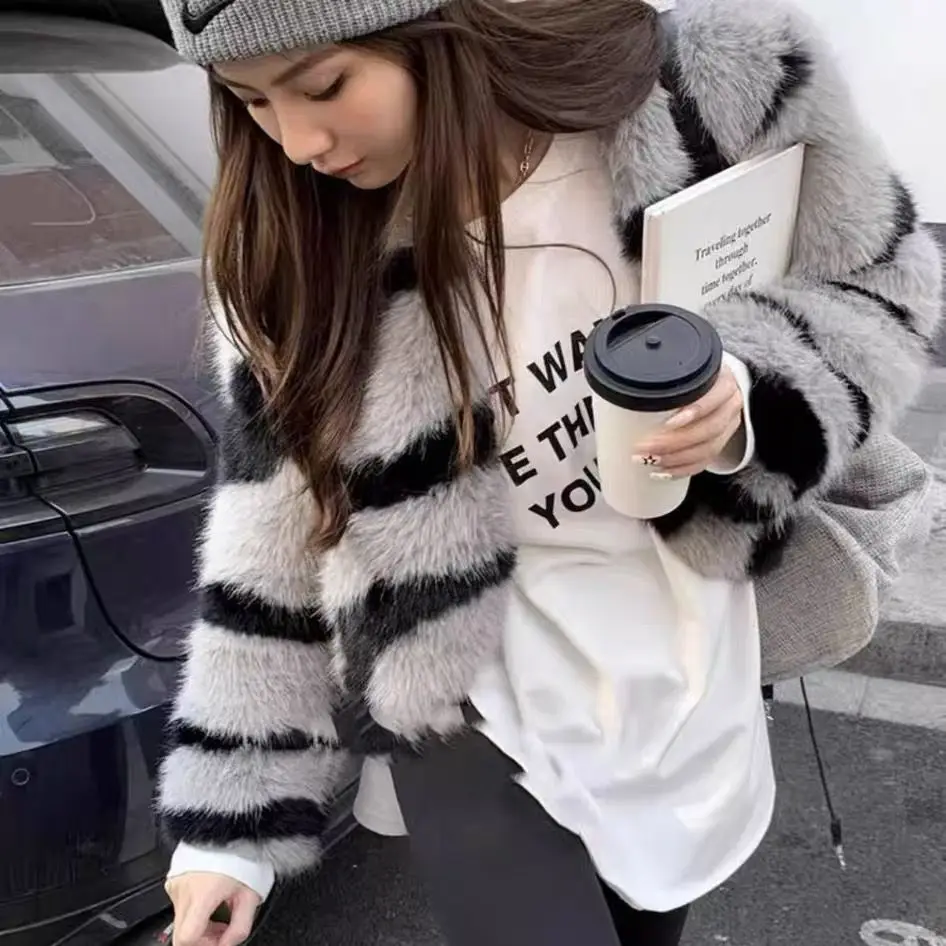 HIGH QUALITY Winter Zebra Striped V neck Short Faux Fur Coat Long Sleeve Warm Shaggy Jacket Loose Outwear