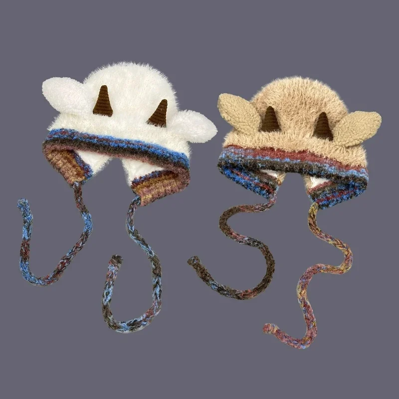 Kawaii Plush Sheep Hats Women Girls Knitted Woolen Hat Fem Winter Warm Ear Protection Hat Sweet Casual Fluffy Fur Kids Beanies