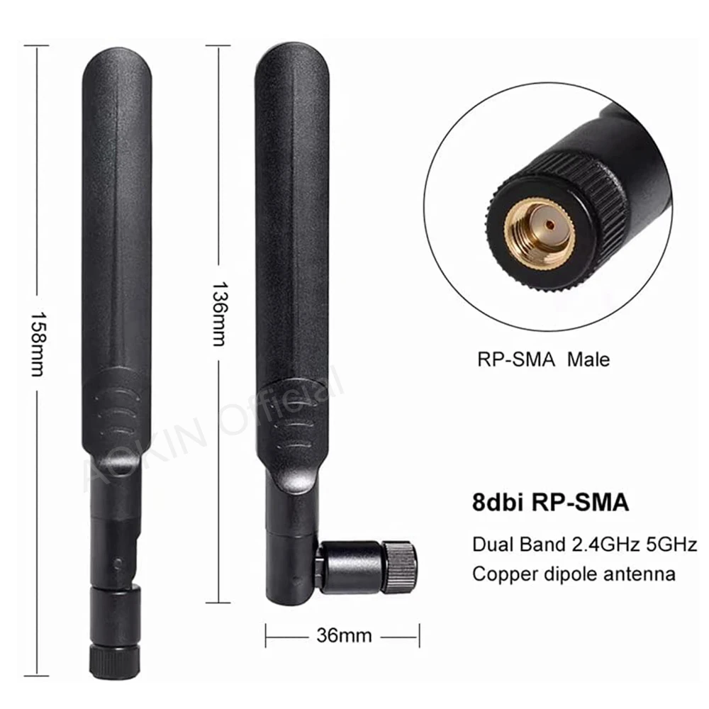 2 x 8dBi 2.4GHz 5.8GHz Dual Band WiFi RP-SMA Male Antenna +2 x 35CM U.FL/IPEX to RP-SMA Pigtail Cable for WiFi Router Wireless