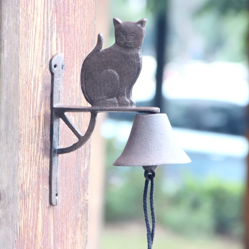 Rustic Cast Iron Cat Wall Hand Cranking Bell Double-sided Farm House Accents For Home Garden Office Bar Outdoor Decoration 2