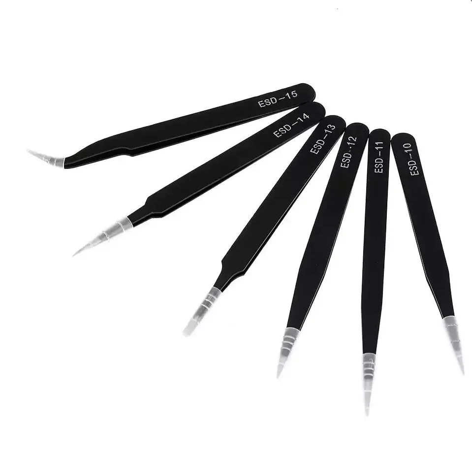 정전기 방지 스테인레스 스틸 핀셋 6 PCS 정밀 유지 보수 산업 수리 곡선형 도구 가정 작업 모델 제작 수공구