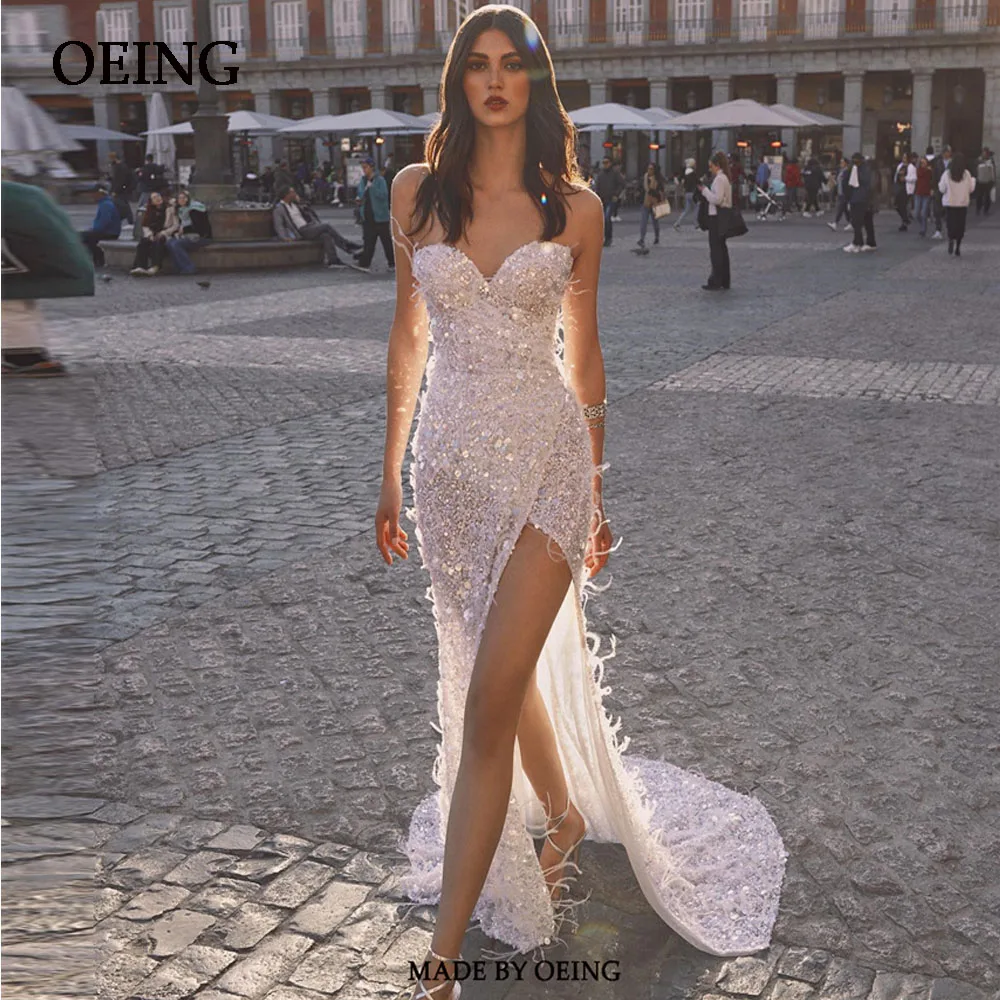 

OEING Strapless A Line Evening Dresses Squain Feather Classic Simple Floor Length Wedding Prom Gowns For Formal Occasion Dress
