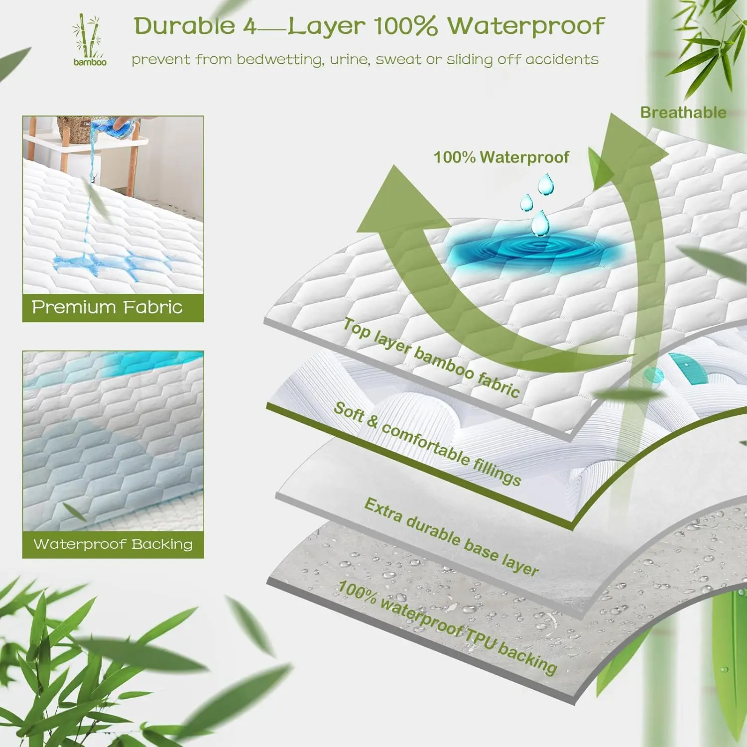 Queen Mattress Protector Waterproof, Waterproof Quilted Fitted Mattress Pad, Noiseless Hollow Cotton Cover,