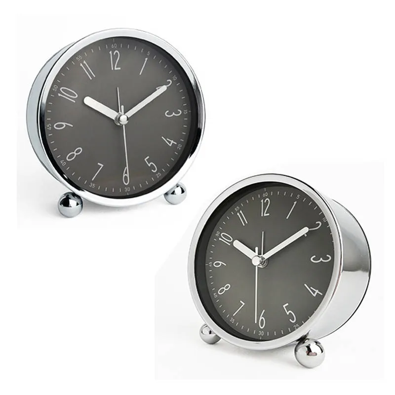 

Desk Clock Alarm Grey Color Quiet Quartz Clock Round Shape Metal Shell Silent Sweep Second