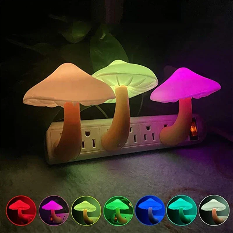 LED Night Light Christmas Gift Mushroom Shape Automatic Sensor Bedroom Decor Wall Lamp Kid Room Bedside Lamp US/EU Plug
