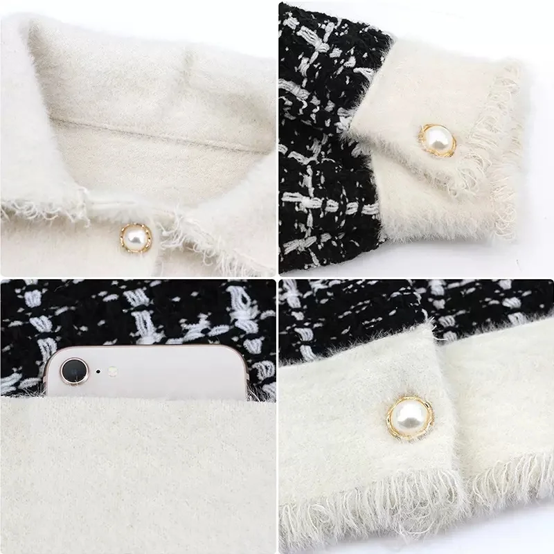 2022 New Autumn and Winter All-match High Street Small Fragrance Imitation Mink Plush Tweed Ladies Short Coat Spring and Autumn