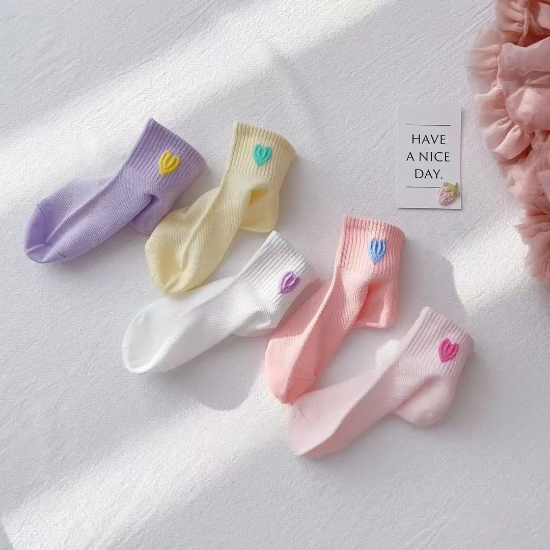 5 Pairs Baby Socks Kids Mesh Sports Soft Comfortable Breathable Heart Pattern Kids Footwear Elasticity Resistant Athletic Socks