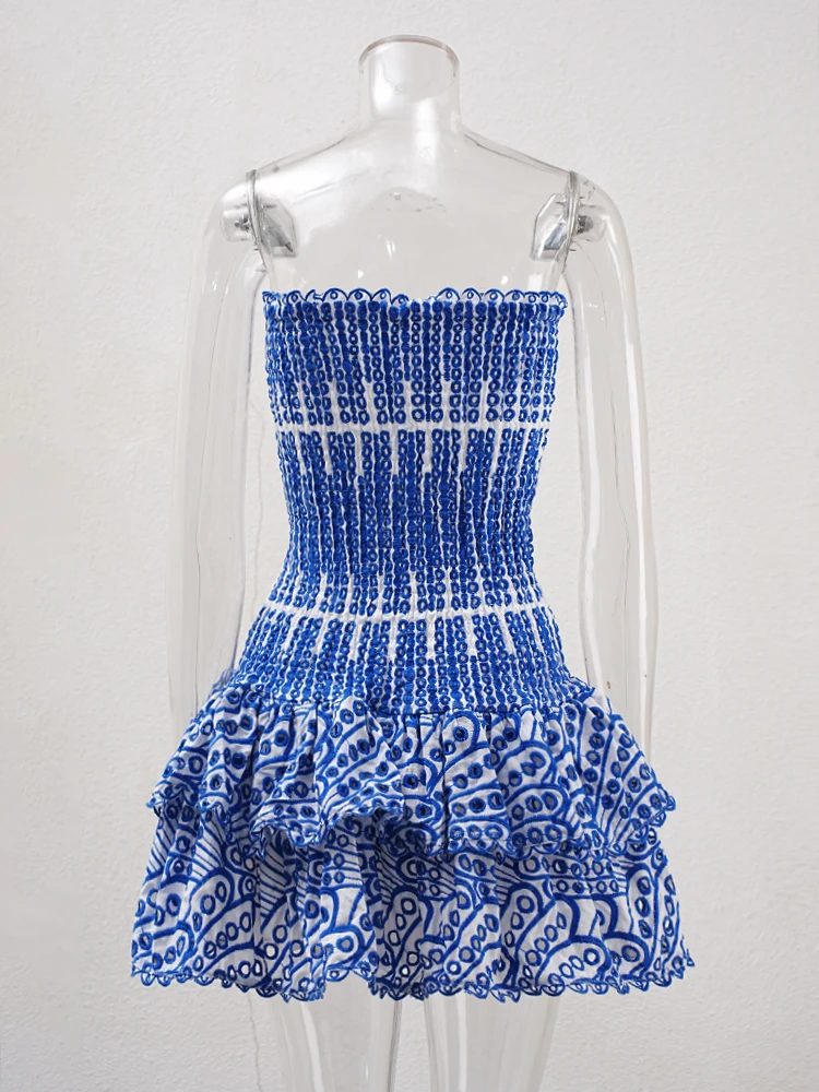 Elegant Embroidery Cut Out Woman Mini Dress Strapless Off Shoulder High Waist Vestidos Female Clothing 2025 Summer 23A430