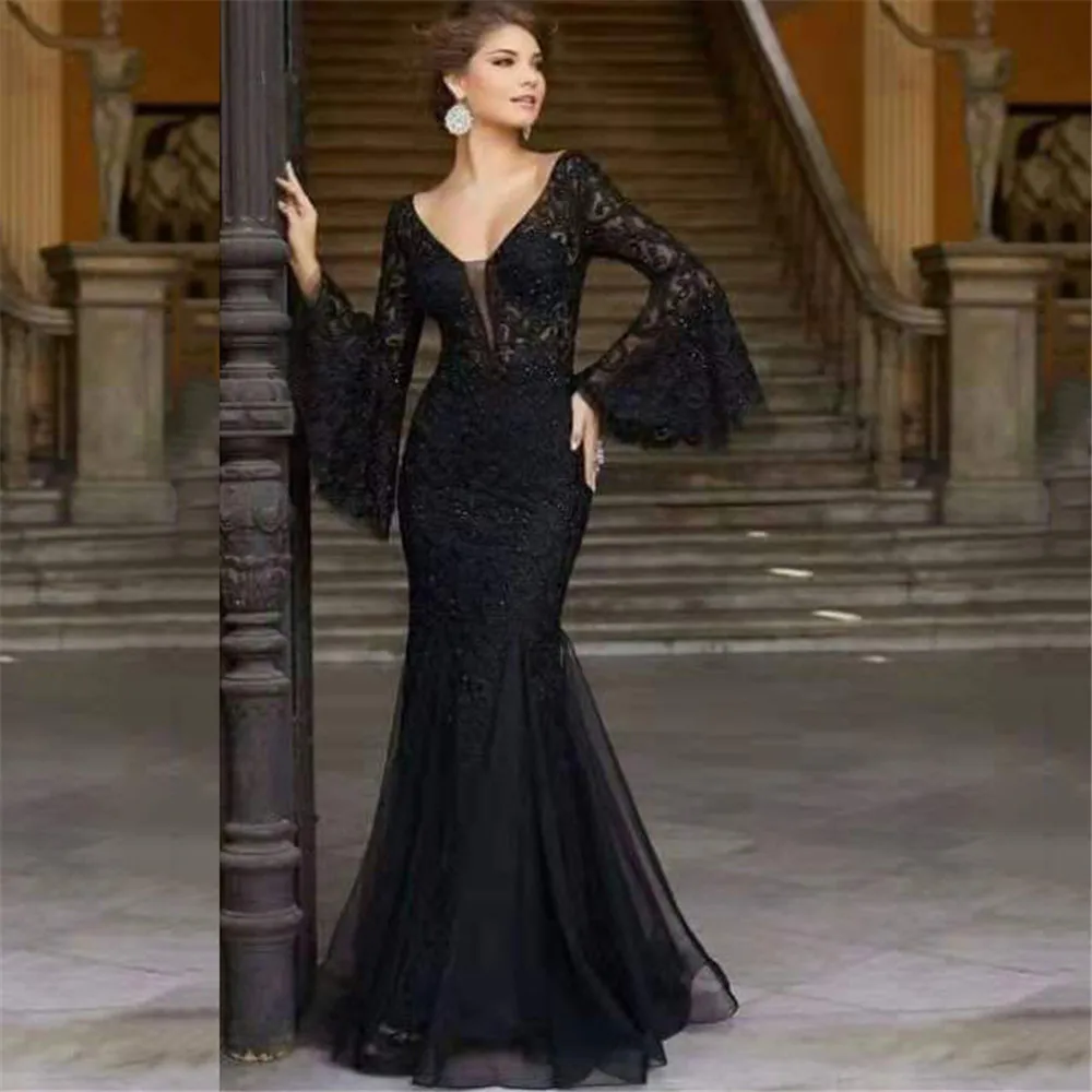 

Sexy V-Neck Black Lace Evening Dress, Flare Sleeve, Slim Fishtail Long Dress, Elegant Embroidery Print, Party Wedding Maxi