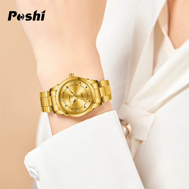 POSHI Fashion Casual Quartz Watch Women's Wristwatch Stainless Steel Simple Ladies Bracelet Luxury Gold Clock 2