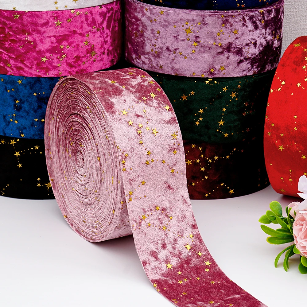 Double-sided Velvet Ribbons Hot Stamping Stars DIY Gift Wrapping Wedding Bouquet Christmas Decor Party Supplies A0021