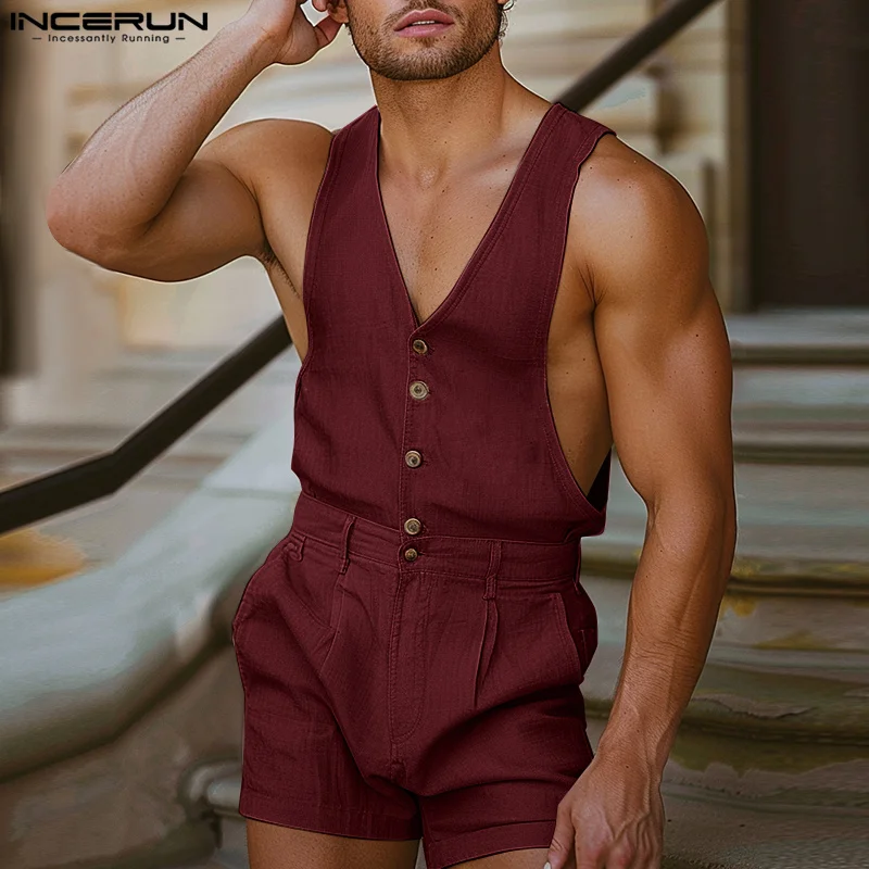 INCERUN Men Rompers Shorts Solid Color V Neck Sleeveless Button Casual Jumpsuits Men Streetwear Summer 2024 Fashion Playsuits 3