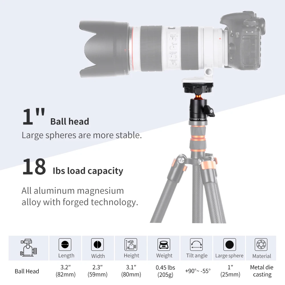 Ballhead Tripod Mount Adapter 25mm Large Ball Head Adapter QR Plate 1/4"Screw Aluminium Alloy 8kg Payload