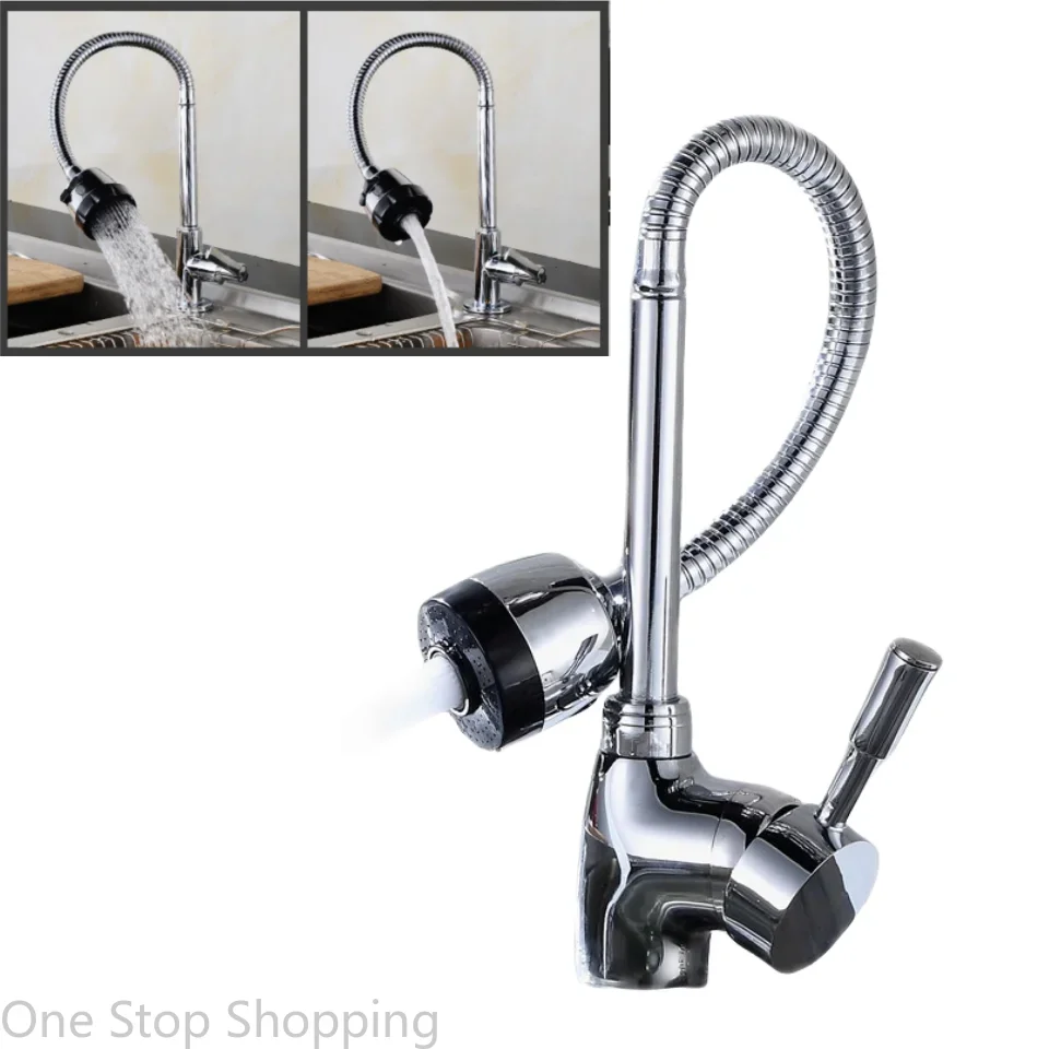 Kitchen Sink Faucet 360 Degree Rotatable Flexible Neck Chrome Finish Stainless Steel Bathroom Single Handle Wall Mount chrome finish kitchen faucet with flexible arc 360 degree rotatable sprayer stainless steel bathroom sink wall mount water mixer