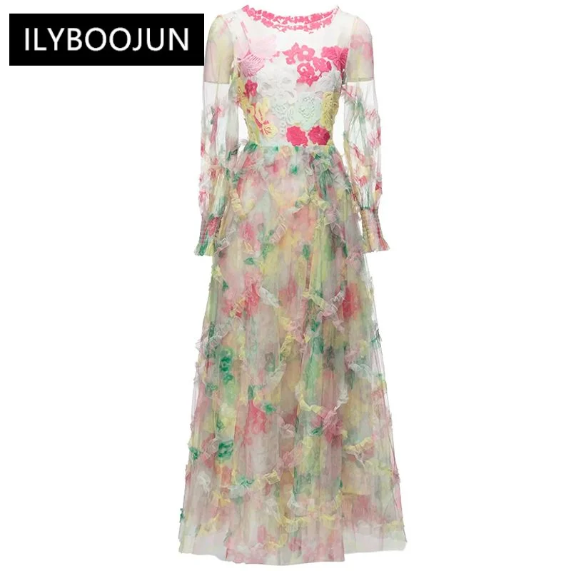 

Fashion Autumn Print Mesh Long Dress Women O-Neck Lantern Sleeve Flower Embroidery Ruffles Elegant Party Dresses For Women 2023