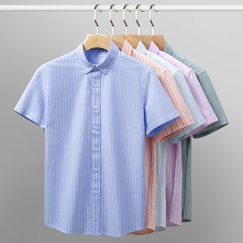 Fashion korean popular clothes cotton short sleeve shirts for men slim fit casual plain shirt houndstooth plaid striped tops