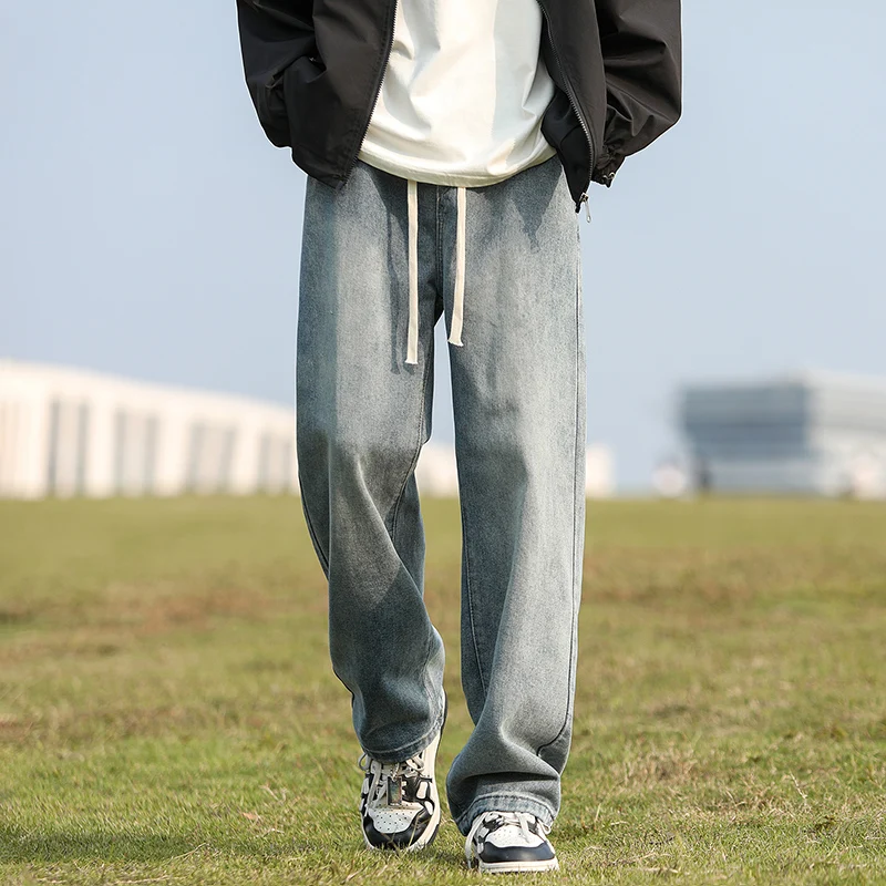 High Waisted Elastic Pockets Drawstring Solid Color Loose Fitting Men's Autumn and Winter Casual Versatile Wide Leg Casual Pants