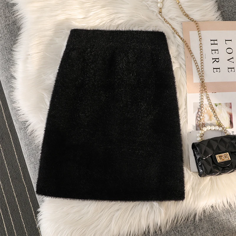 High Waist A-Line  Skirt Women's Knitted Mink Velvet Elastic Waist Slimming ort Skirt Autumn Winter New Arrival