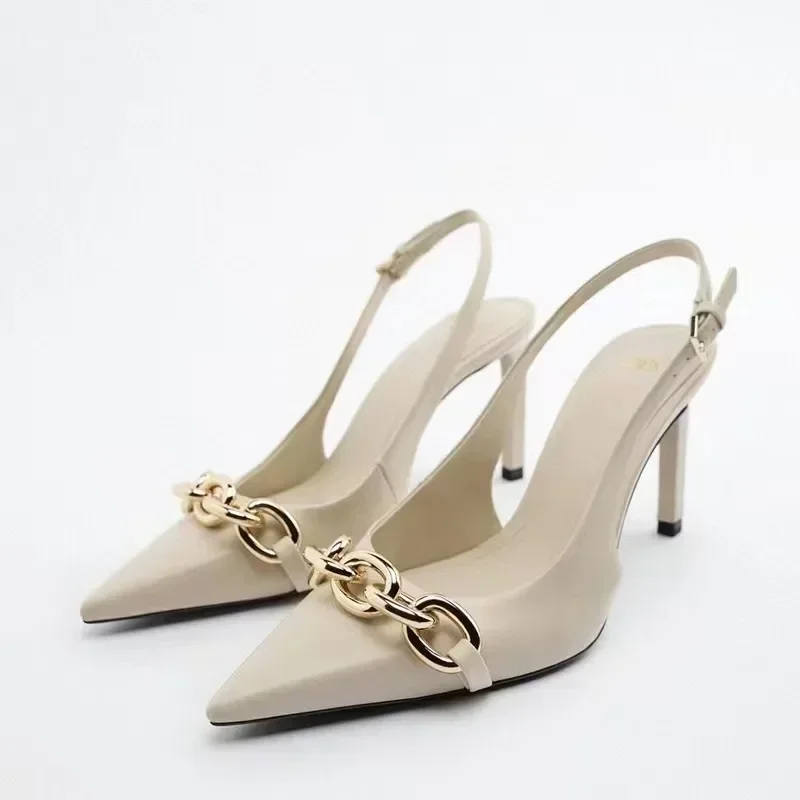 New Summer Sexy Slingback Sandals Women High Heel Metal Chain Design Fashion Pointed Toe Women Party High Heel Sandals