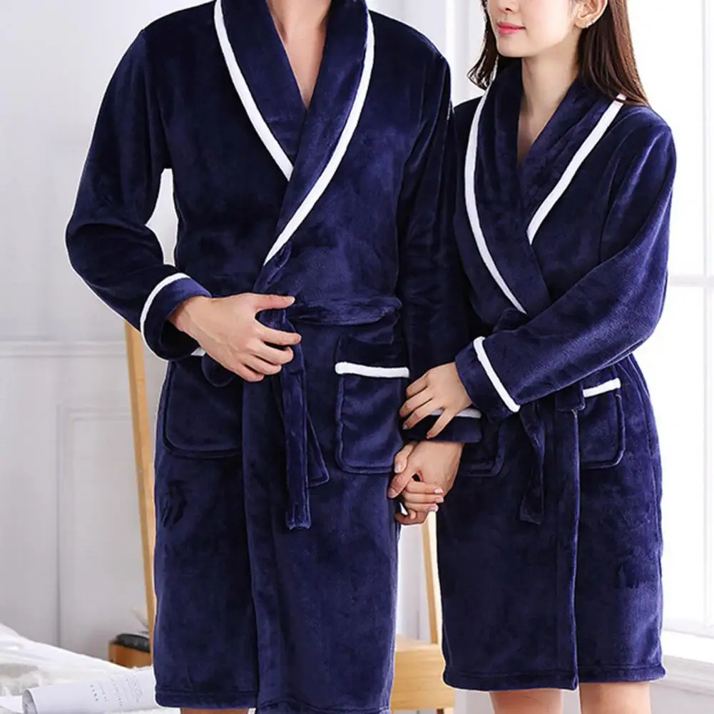 

Comfortable Bathrobe Loose Long Sleeves Cardigan Home Wear Warm Sleepwear Autumn Winter Flannel Long Nightgown for Men Women