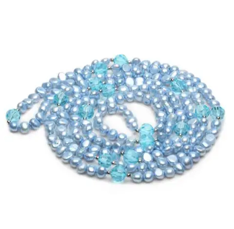 

Unique Design AA Long 60'' 7mm Baroque Blue Color Cultured Freshwater Pearl Crystal Bead Necklace Chain Charming Women Gift