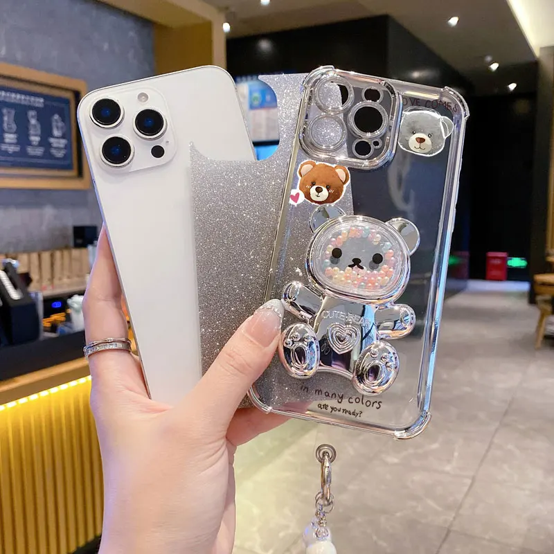 Pearl Strap Glitter Care Bear Phone Holder Case with Stand Cover