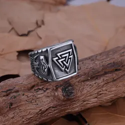 Nordic Mythology Raven Valknut Ring - Viking Runic Totem Amulet Jewelry - 8 (160)