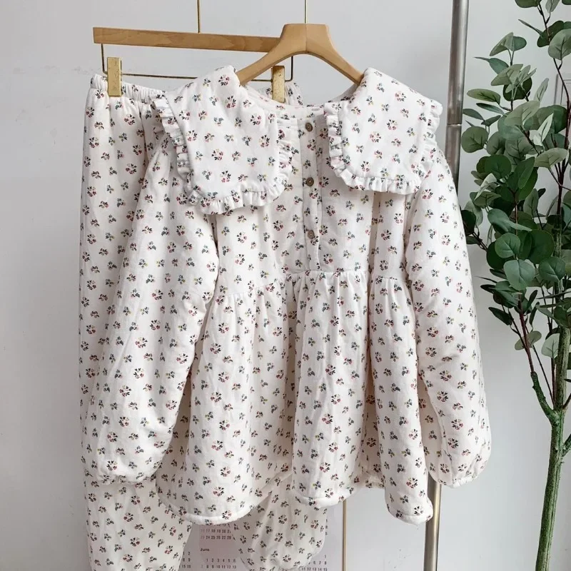 2023 New King-size Lilac Dolls Fleece Sleepwear Collar Thick Pajamas Loungewear Sets Loose Warm Nightwear Homewear Women