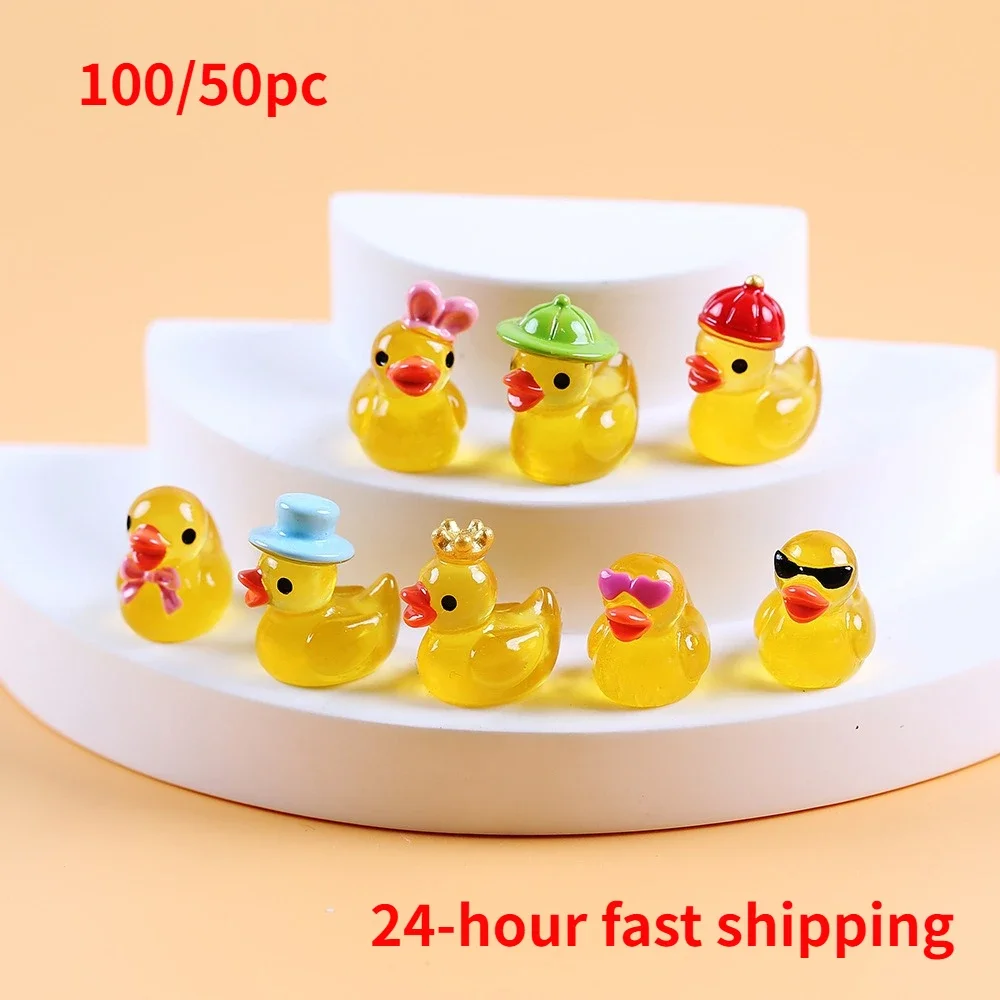 Luminous Resin Mini Yellow Duckling Miniatures Doll House Glow in the-Dark Duck Figurines 100/50pc For DIY Aquarium Garden Decor
