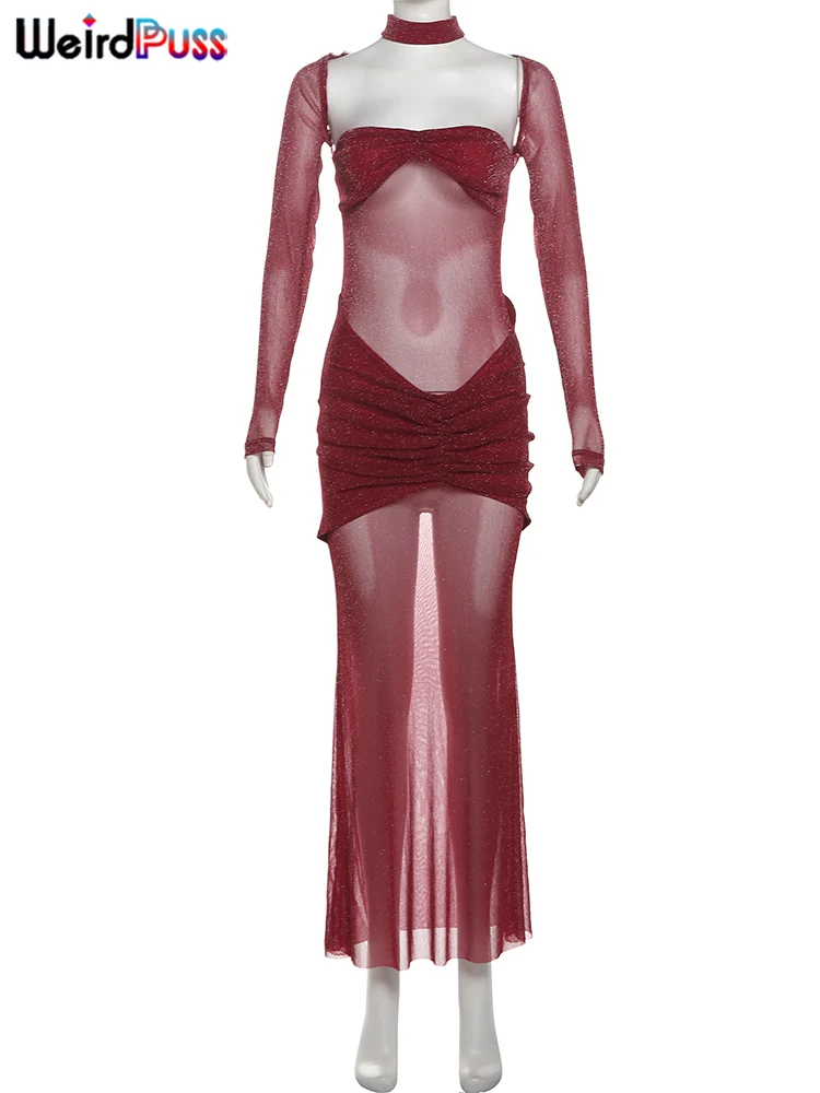 Weird Puss Sexy Bright Silk 3 Piece Set Women Solid Collar+See Through Full Sleeve Shawl+Chest Wrap Patchwork Dress Long Bodycon 6